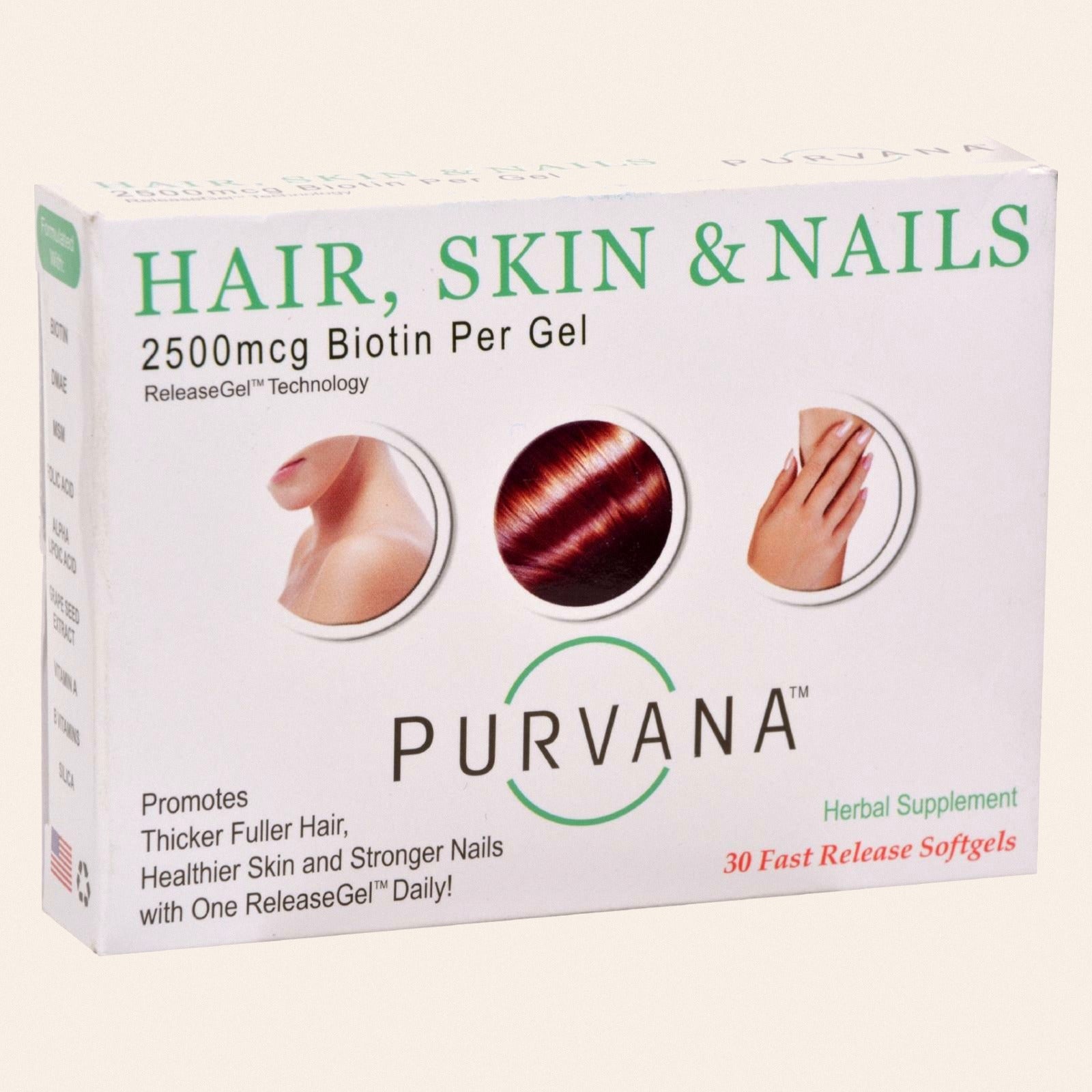 Heaven Sent Purvana Hair Skin Nails - 2500 mcg - 30 Softgels - Front