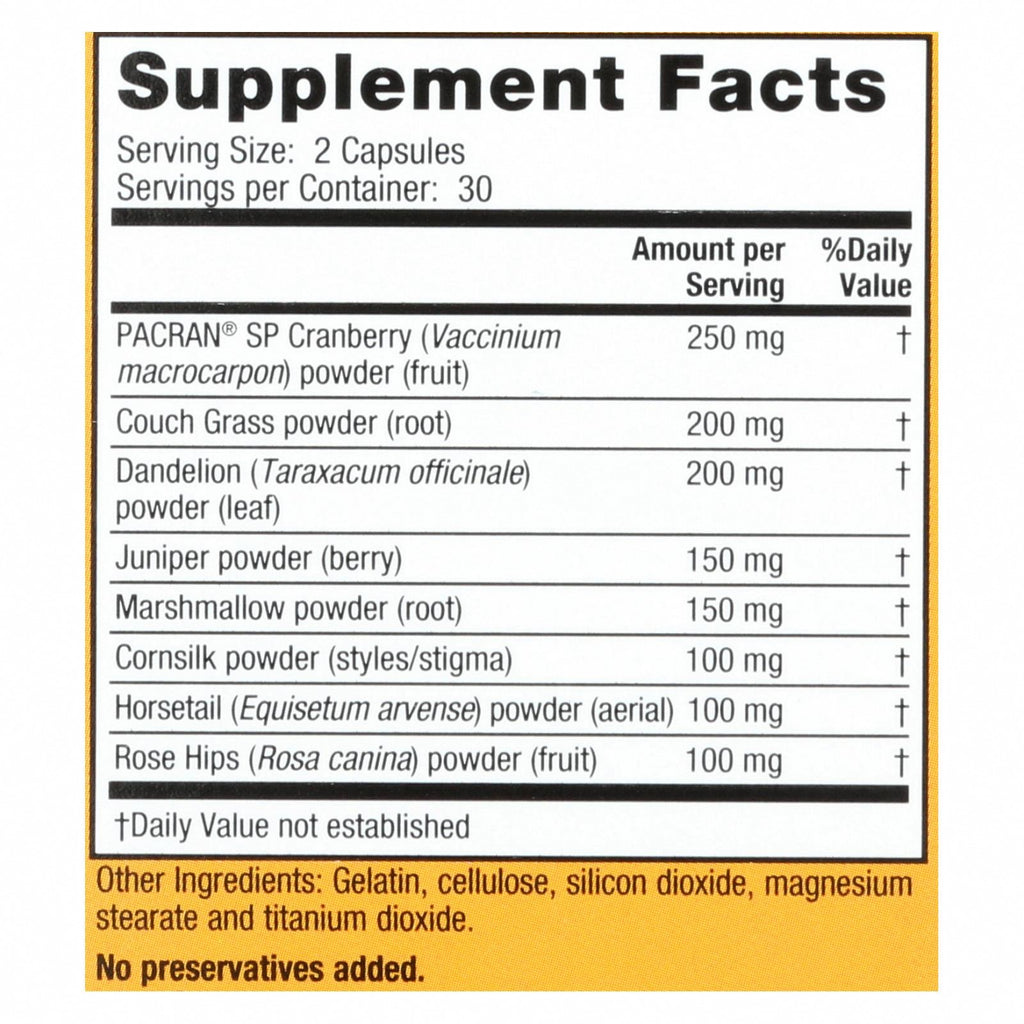 Nature's Secret Urinary Cleanse and Flush with Cranberry Extract - 60 Capsules - Nutrition Facts