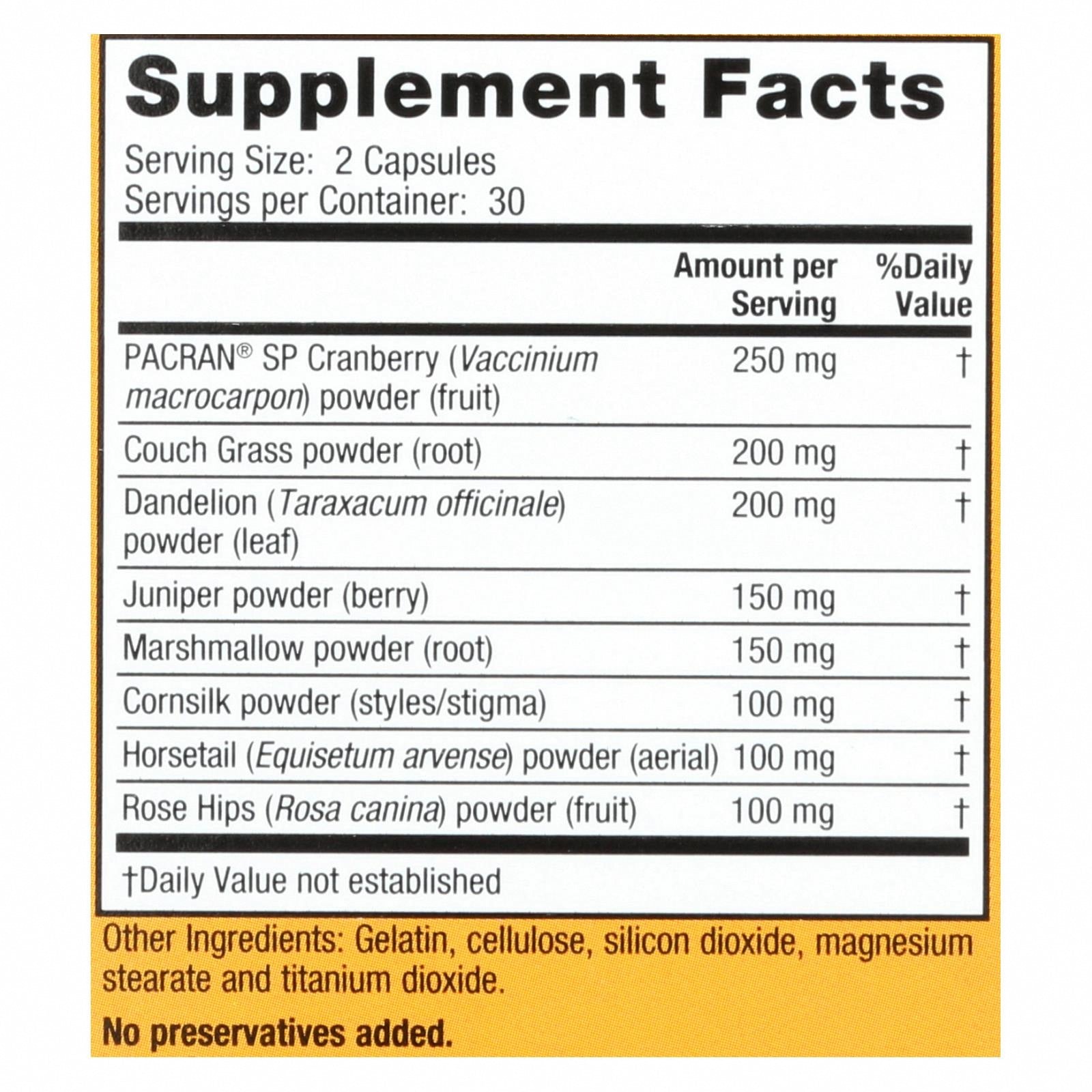 Nature's Secret Urinary Cleanse and Flush with Cranberry Extract - 60 Capsules - Nutrition Facts