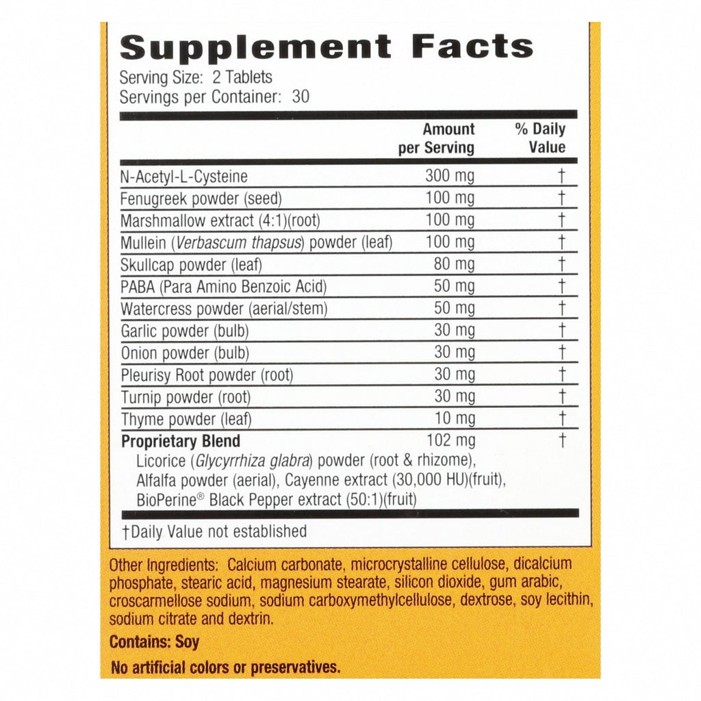 Nature's Secret Respiratory Cleanse and Defense - 60 Tablets - Nutrition Facts