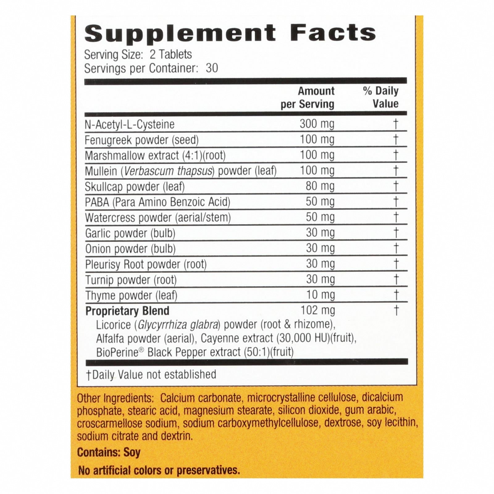Nature's Secret Respiratory Cleanse and Defense - 60 Tablets - Nutrition Facts