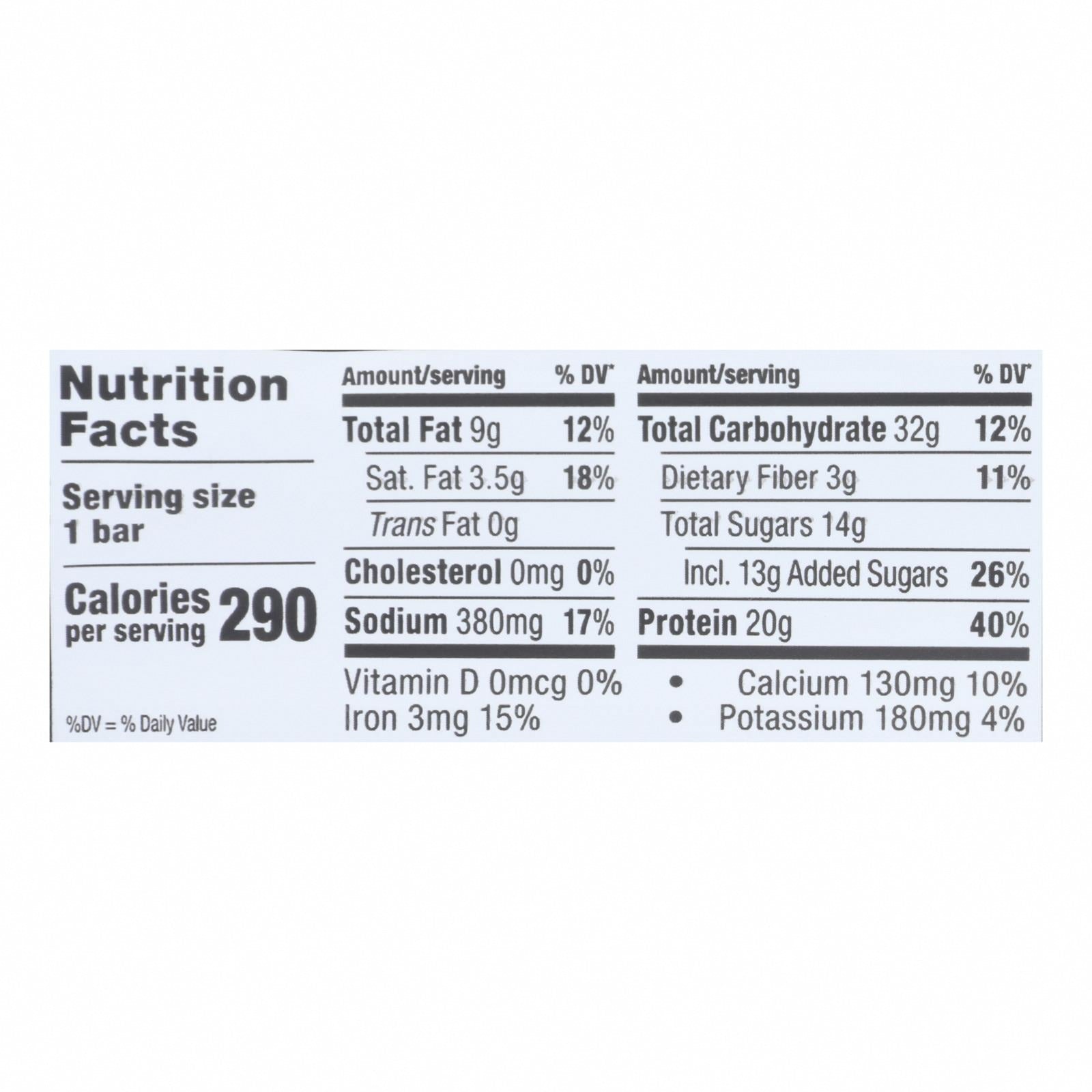 Probar Peanut Butter Chocolate Core Bar - Case of 12 - 2.46 oz - Nutrition Facts
