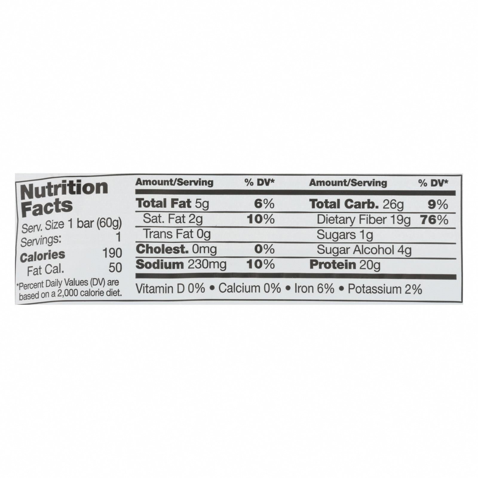 No Cow Bar Protein Bar - Case of 12 - 2.12 OZ - Nutrition Facts