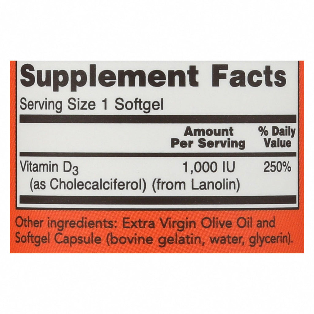 Now Foods - Vitamin D-3 1000iu - 1 Each-180 Softgels - Nutrition Facts