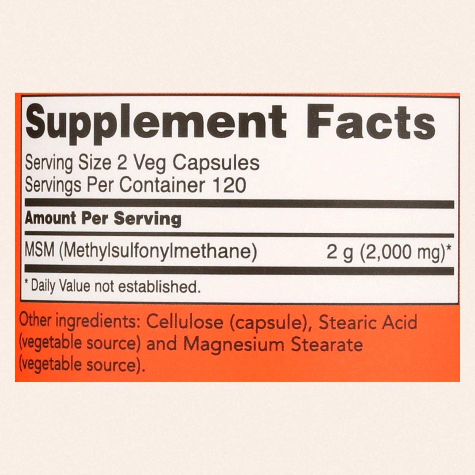 Now Foods - Methylsulfonylmethane 1000 milligrams - 1 Each-240 Vegetarian Capsules - Back