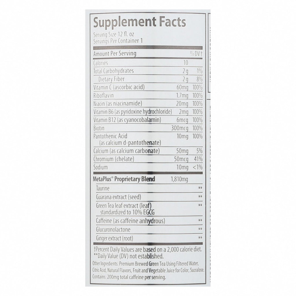 Celsius Non-Carbonated Raspberry Acai Green Tea Dietary Supplement  - Case of 12 - 12 FZ - Nutrition Facts