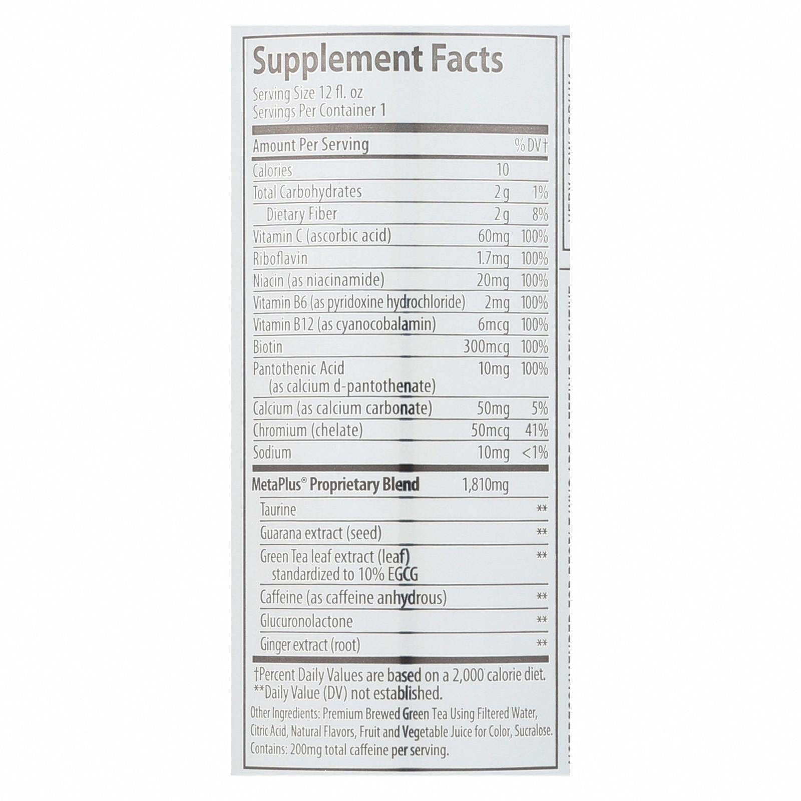 Celsius Non-Carbonated Raspberry Acai Green Tea Dietary Supplement  - Case of 12 - 12 FZ - Nutrition Facts
