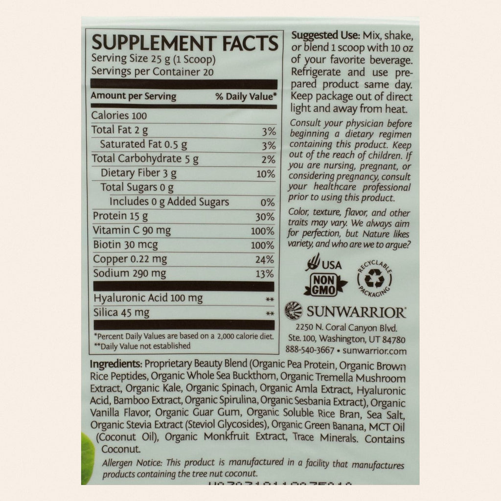 Sunwarrior - Collagen Tahitian Vanilla - 1 Each - 17.6 OZ - Back