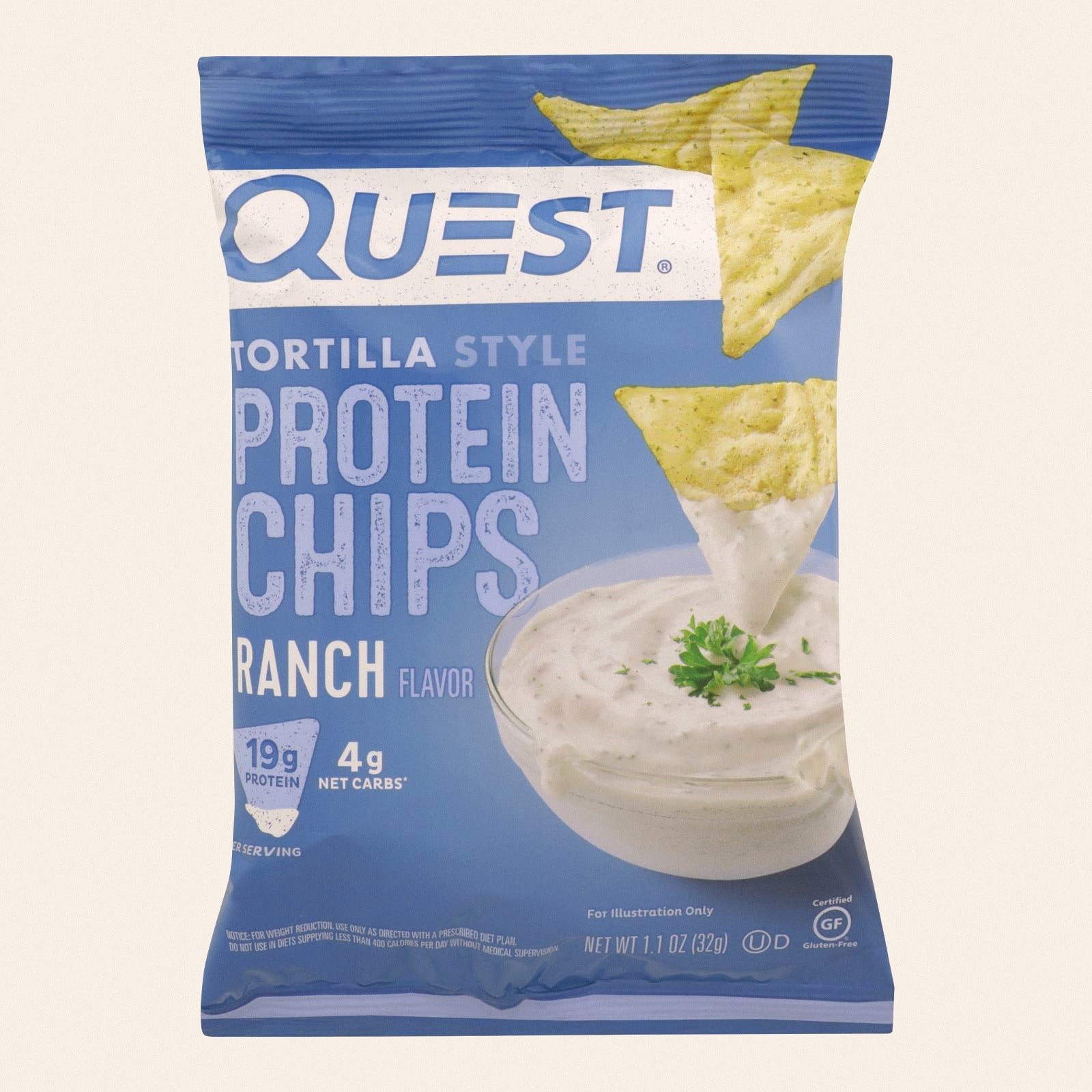 Quest Nutrition Ranch Tortilla Style Protein Chips, Ranch - Case of 8 - 1.1 OZ - Front